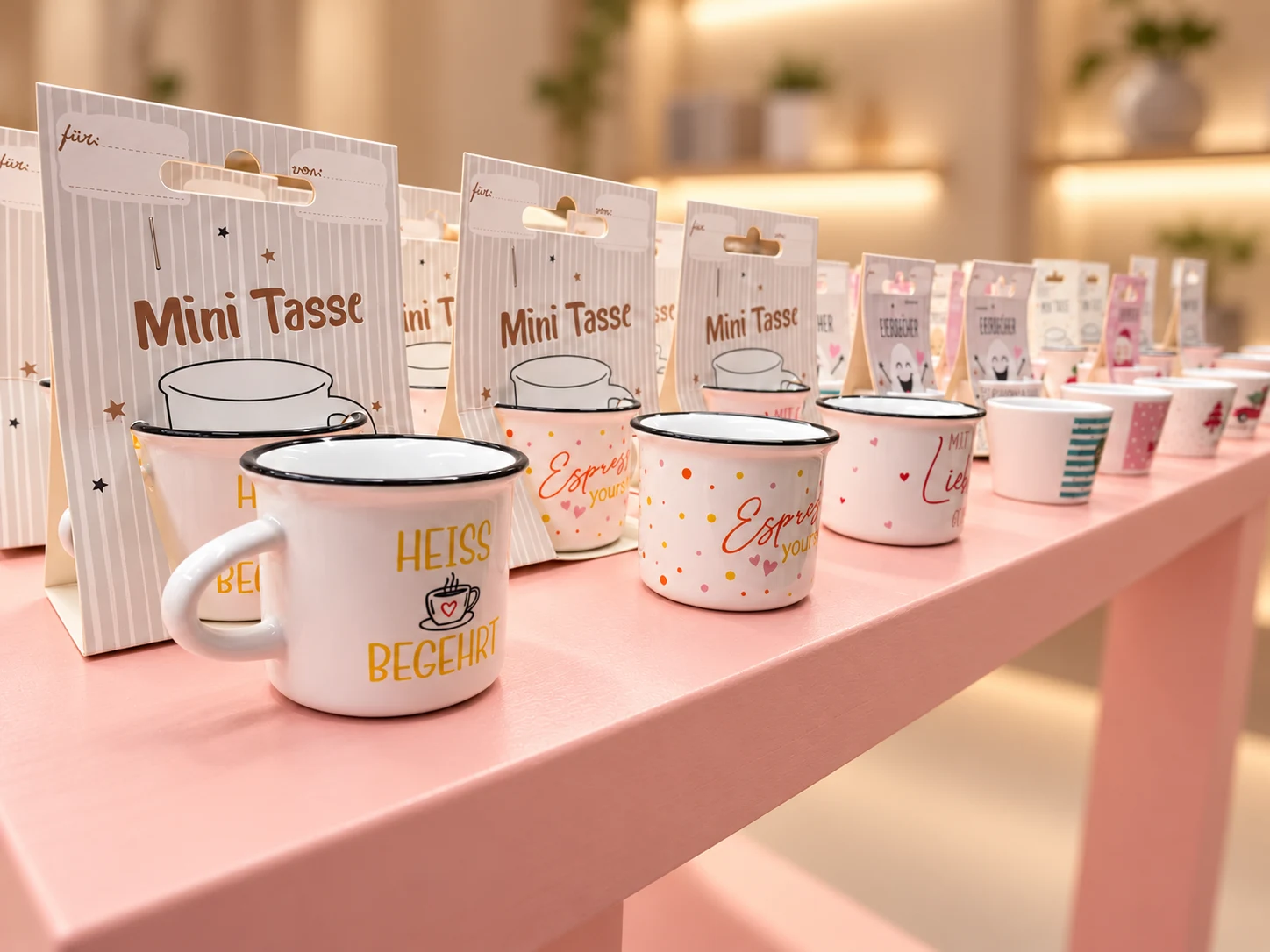 Mugs and gift items in the MONKS product display